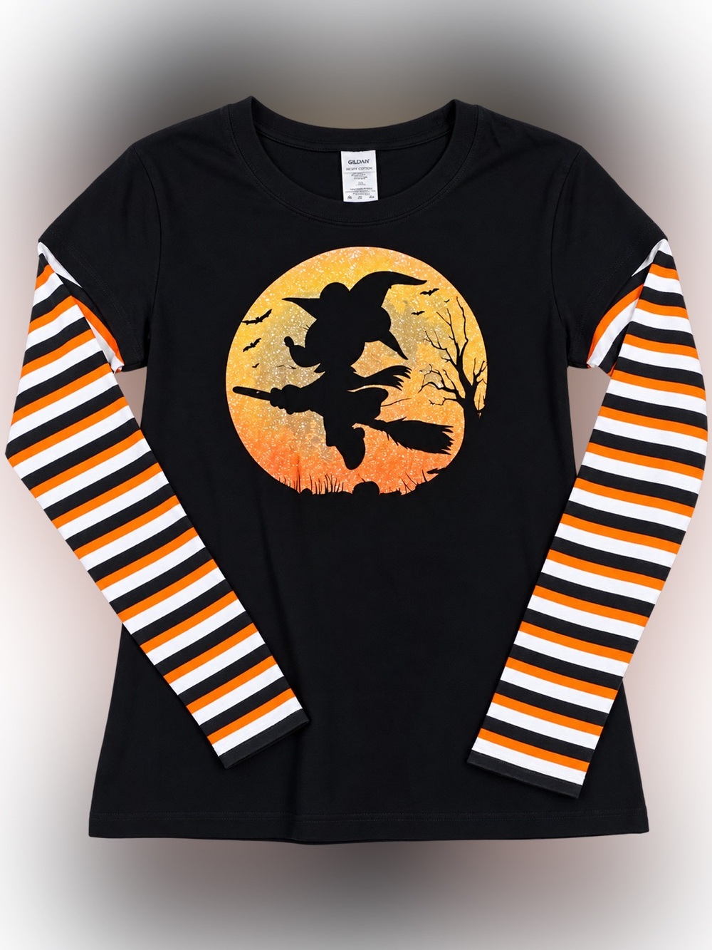 Kids Black Halloween Minnie Witch Layered Tee with Orange Moon Graphic